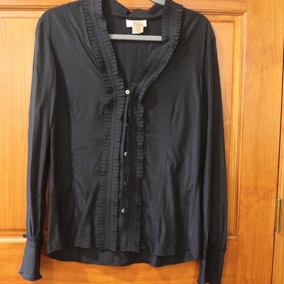 Roeantowe Black Ruffle Button Up Long Sleeve Blouse 14 Career Goth Work - Picture 2 of 9